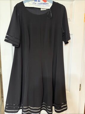 Eliza J Black Midi A-Line Dress with Sheer Stripe Trim